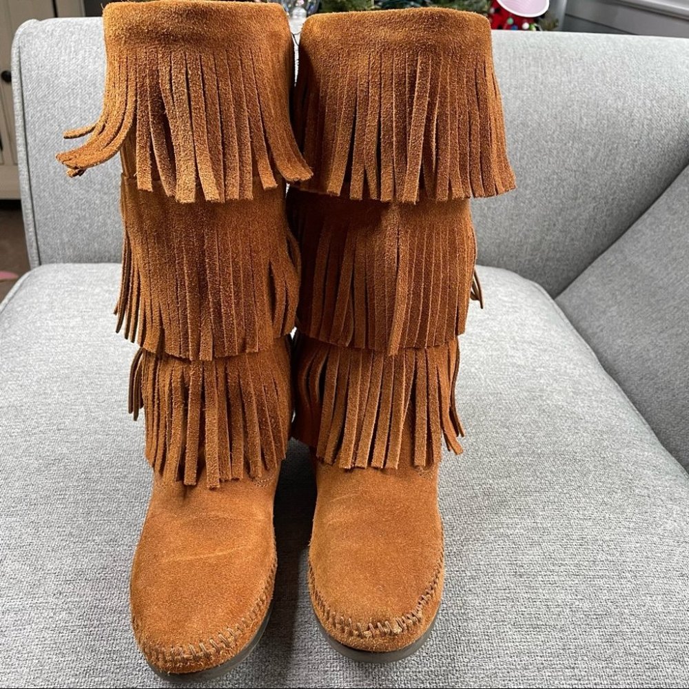 Minnetonka Three Layer Fringe Boot Suede Leather - image 3